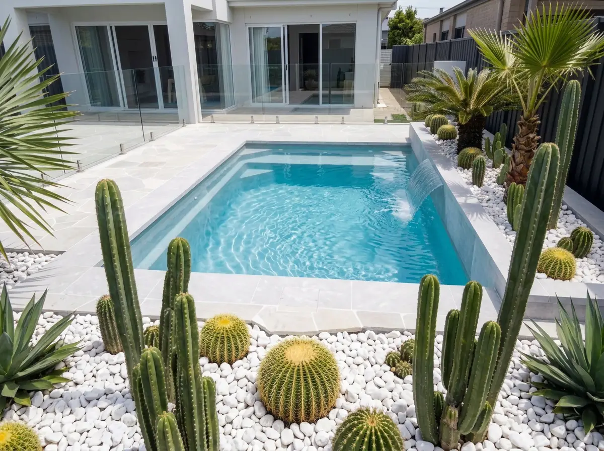Compact plunge pool in a small Perth backyard with white paving, glass fencing and low-maintenance landscaping