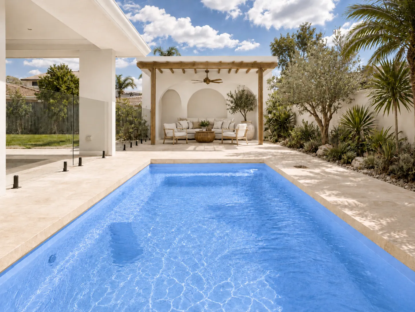 Cyprus Blue Shimmer fibreglass pool with Mediterranean-style landscaping and alfresco area in Perth